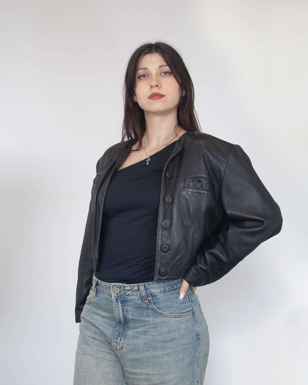 Vintage dámska cropped kožená bunda, M