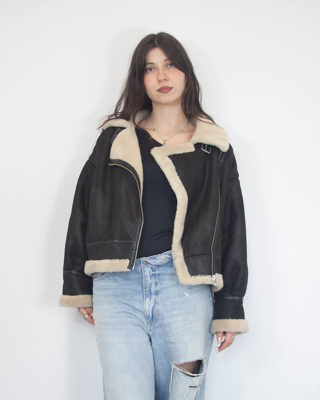 Dámska cropped shearling bunda, M